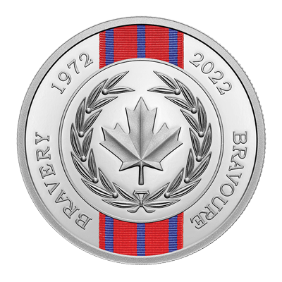 A picture of a 1 oz Silver 50th Anniversary Medal of Bravery Coin